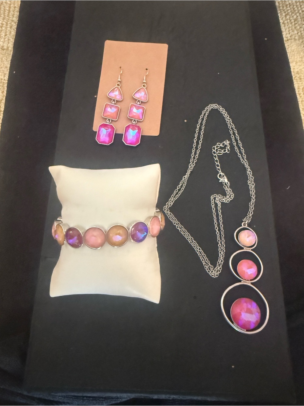 Pink Iridescent stone Jewelry Set - Necklace, Bracelet & Earrings